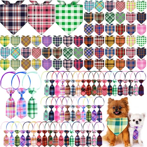 108 Pcs Dog Bandanas Bow Tie Set Plaid Pattern Adjustable Washable Reversible Z522831