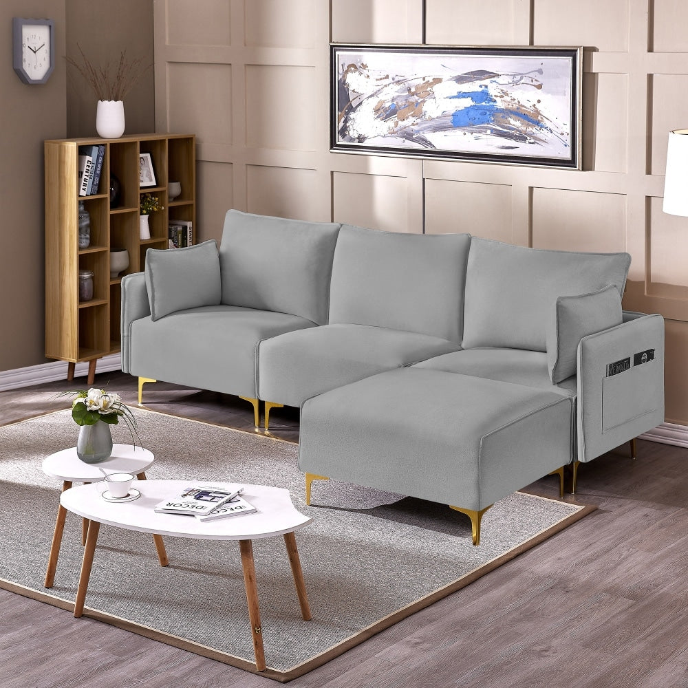 Grey L-Shape Sectional Sofa with USB Charging Socket O9027