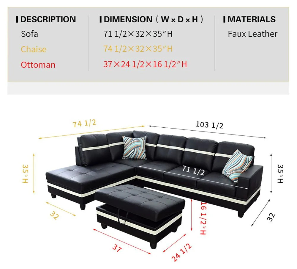 Black & White Faux Leather Sectional with Ottoman P6756