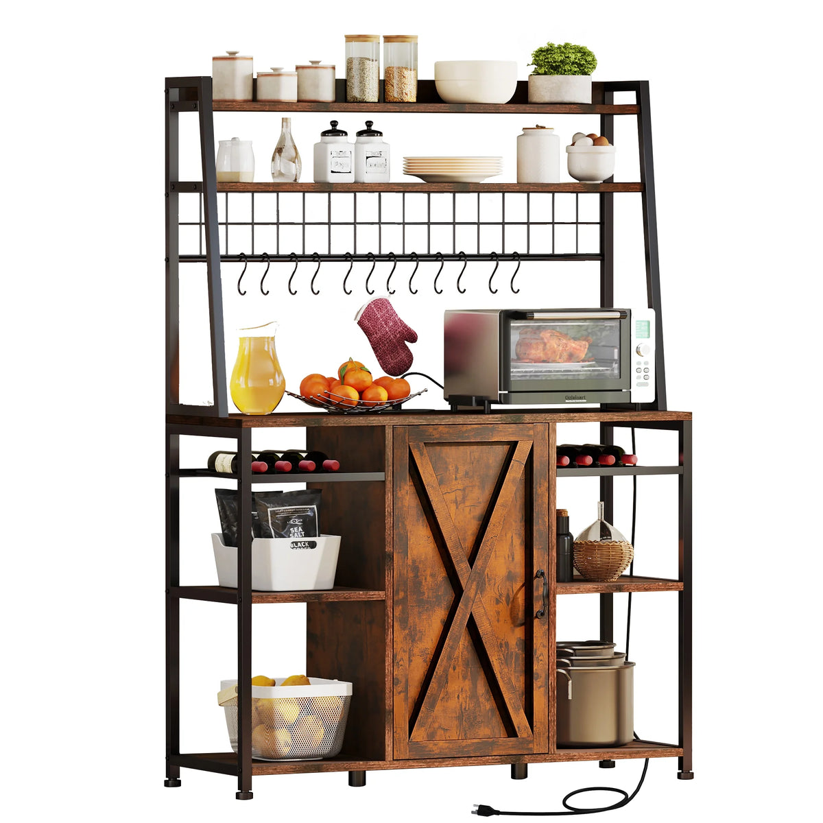 6-Tier Kitchen Microwave Oven Stand with Storage Cabinet and Wine Shelf A5225