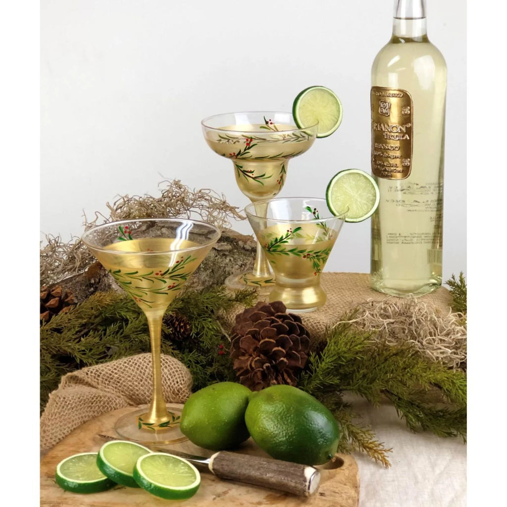 Set of 2 Gold Hand Painted Margarita Drinking Glasses I2525