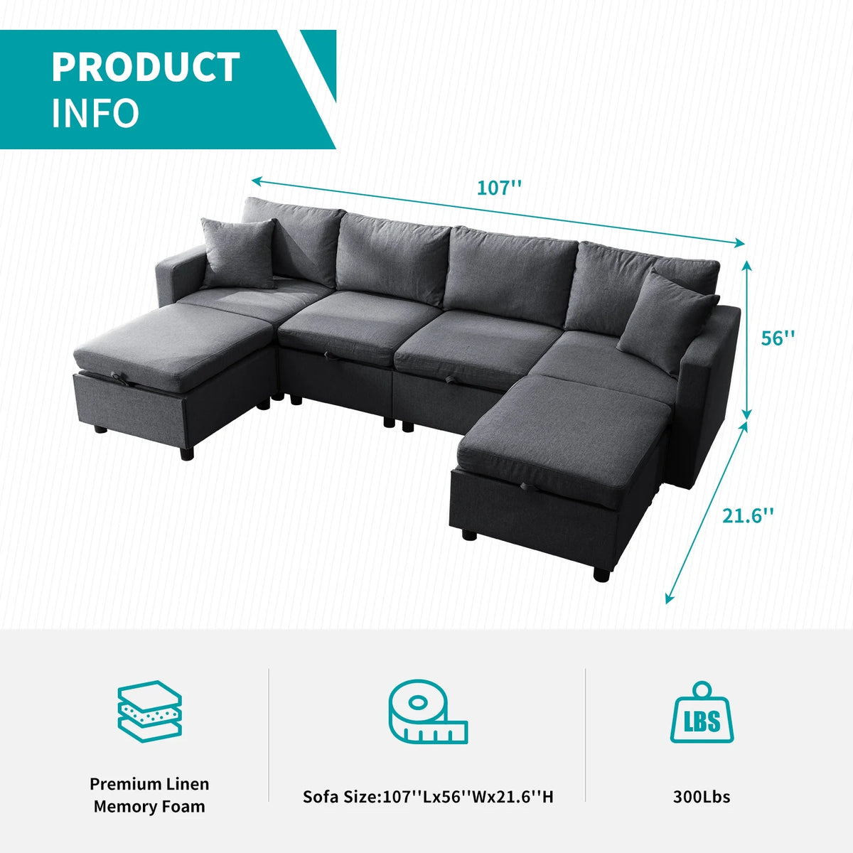Dark Gray 6-Seater Modular Sectional Sofa with Storage Ottoman W3584