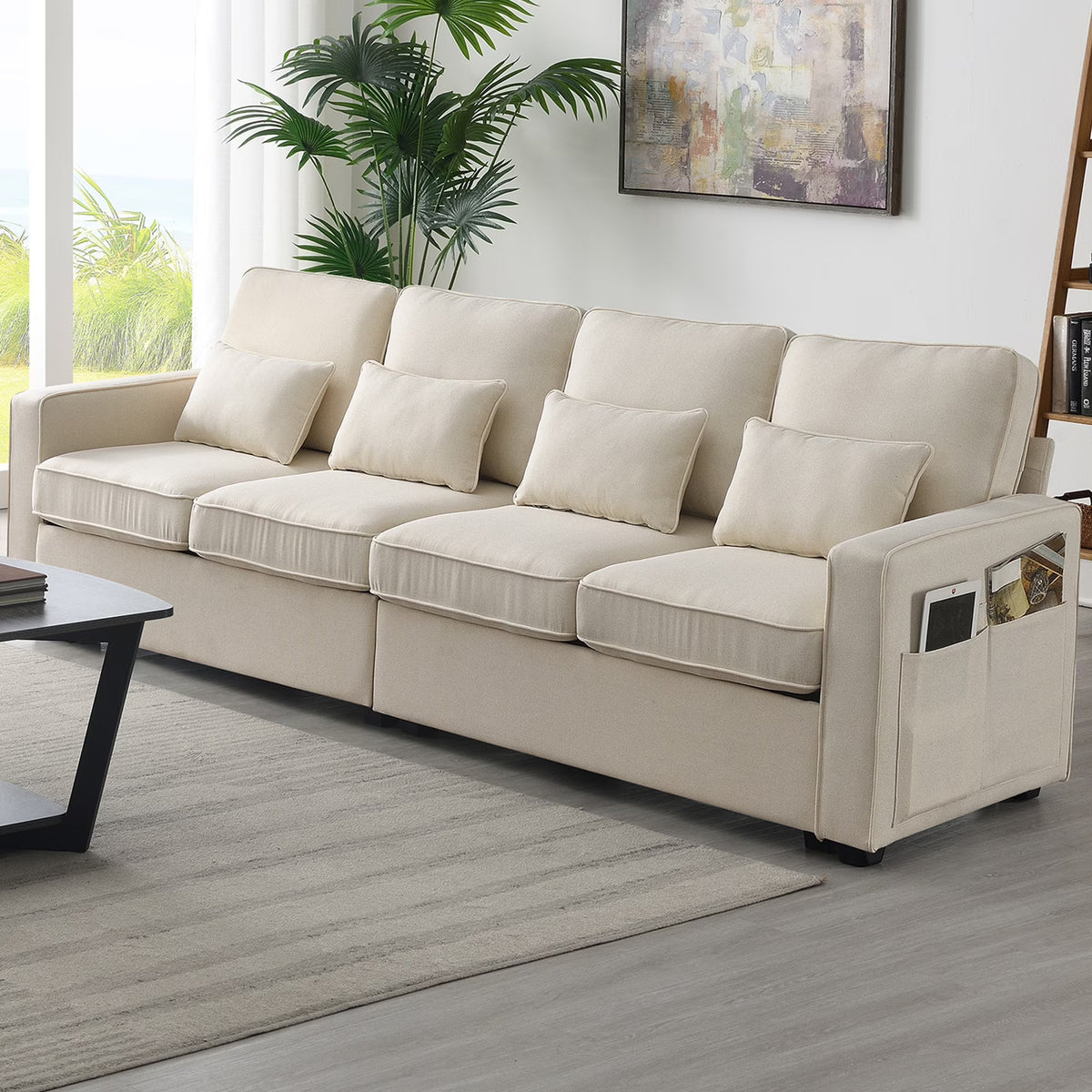 104" 4-Seater Linen Fabric Sofa with Armrest Pockets and 4 Pillows X107402