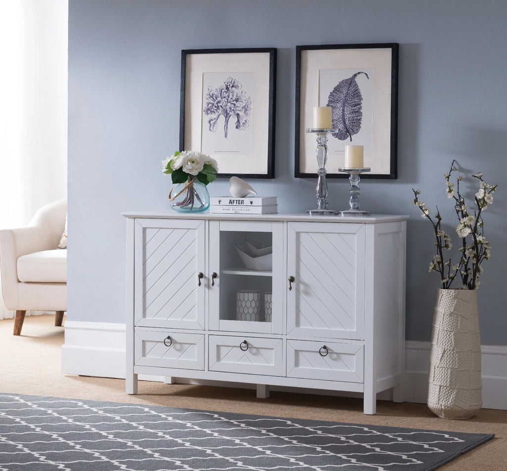 White Wood & Glass Sideboard Buffet Console Table with Drawers U76265