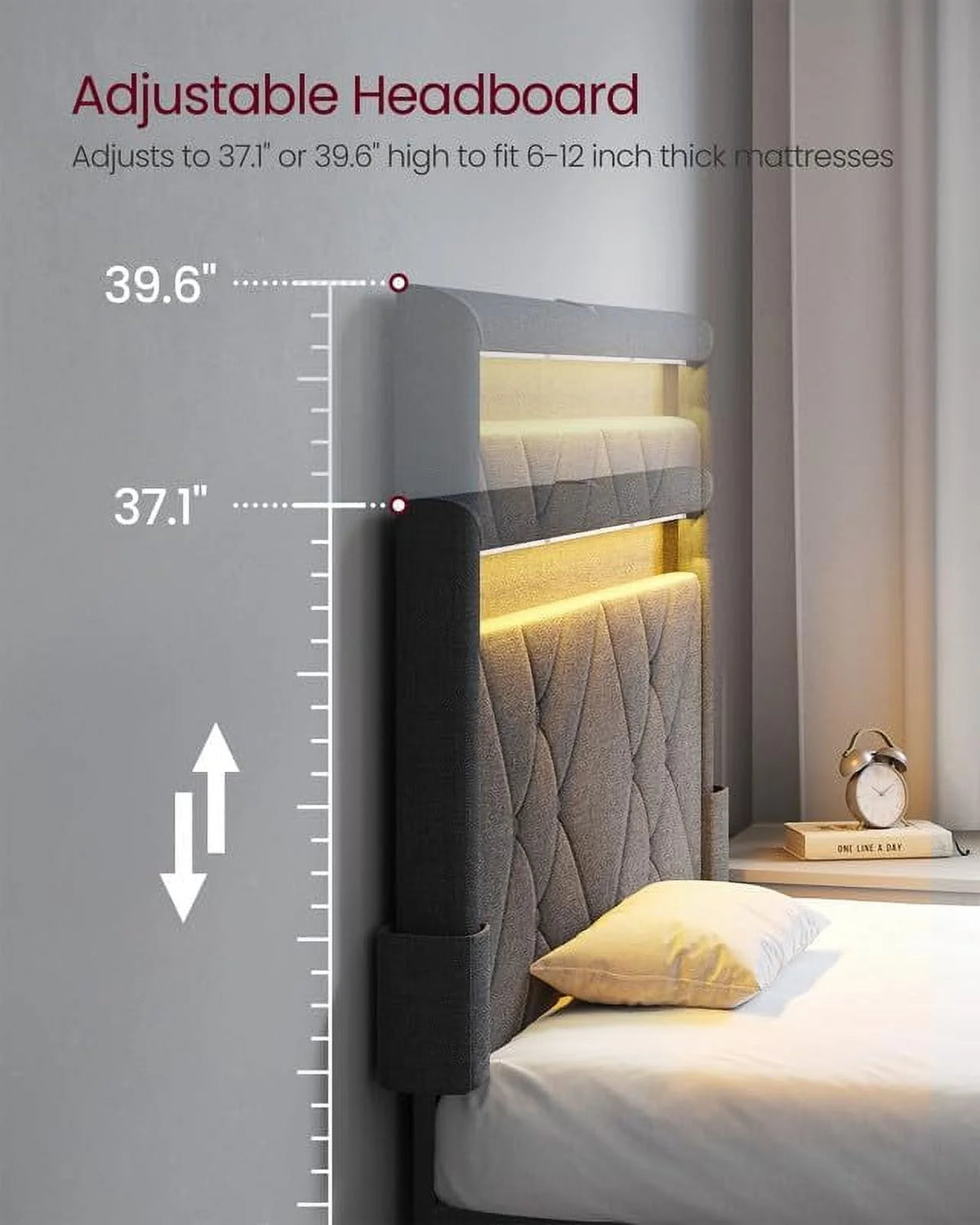 Twin Size LED Bed Frame with Headboard and 4 Drawers Dark Grey F2788