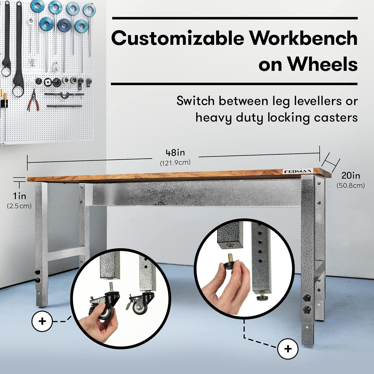 48 Wide Rolling Metal Workbench with Acacia Top G435