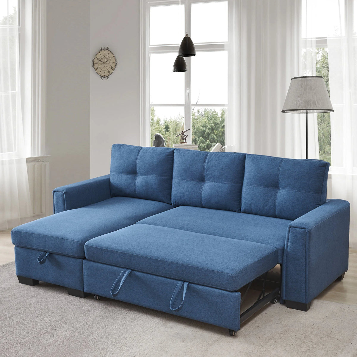Blue L-Shape Pull-Out Sleeper Sectional Sofa G276